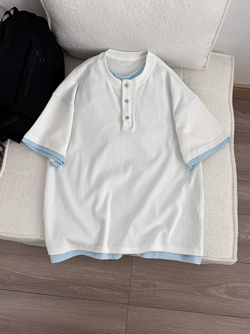 Áo thun nam cổ Henry kiểu Mỹ, áo thun tay ngắn phối màu hai mảnh mùa hè, áo kiểu rộng rãi thời trang.