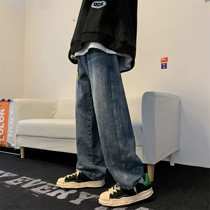 Quần jean denim giặt kiểu Nhật cho mùa xuân và mùa thu, quần ống đứng phong cách retro thời thượng dành cho nam, quần ống rộng thoải mái đa năng.