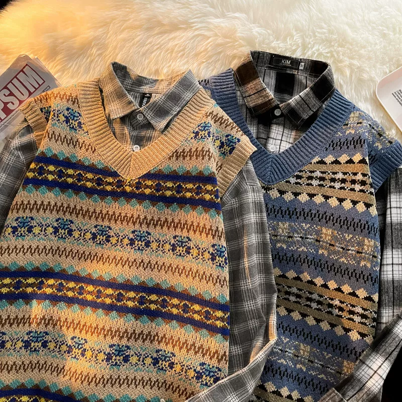 Áo vest dệt kim cổ chữ V phong cách retro Nhật Bản dành cho nam, áo len không tay đa năng mùa thu, phong cách cặp đôi hợp thời trang.