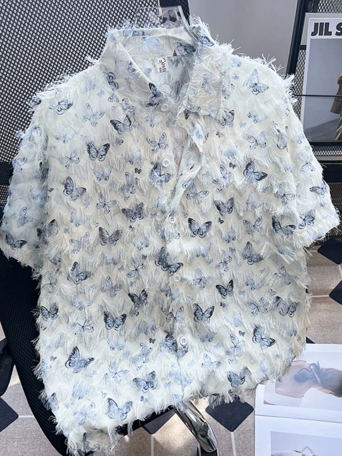 Áo sơ mi thiết kế hình bướm tua rua, áo sơ mi ngắn tay mùa hè nam nữ, áo kiểu dáng rộng rãi hợp thời trang cao cấp hàng hiệu