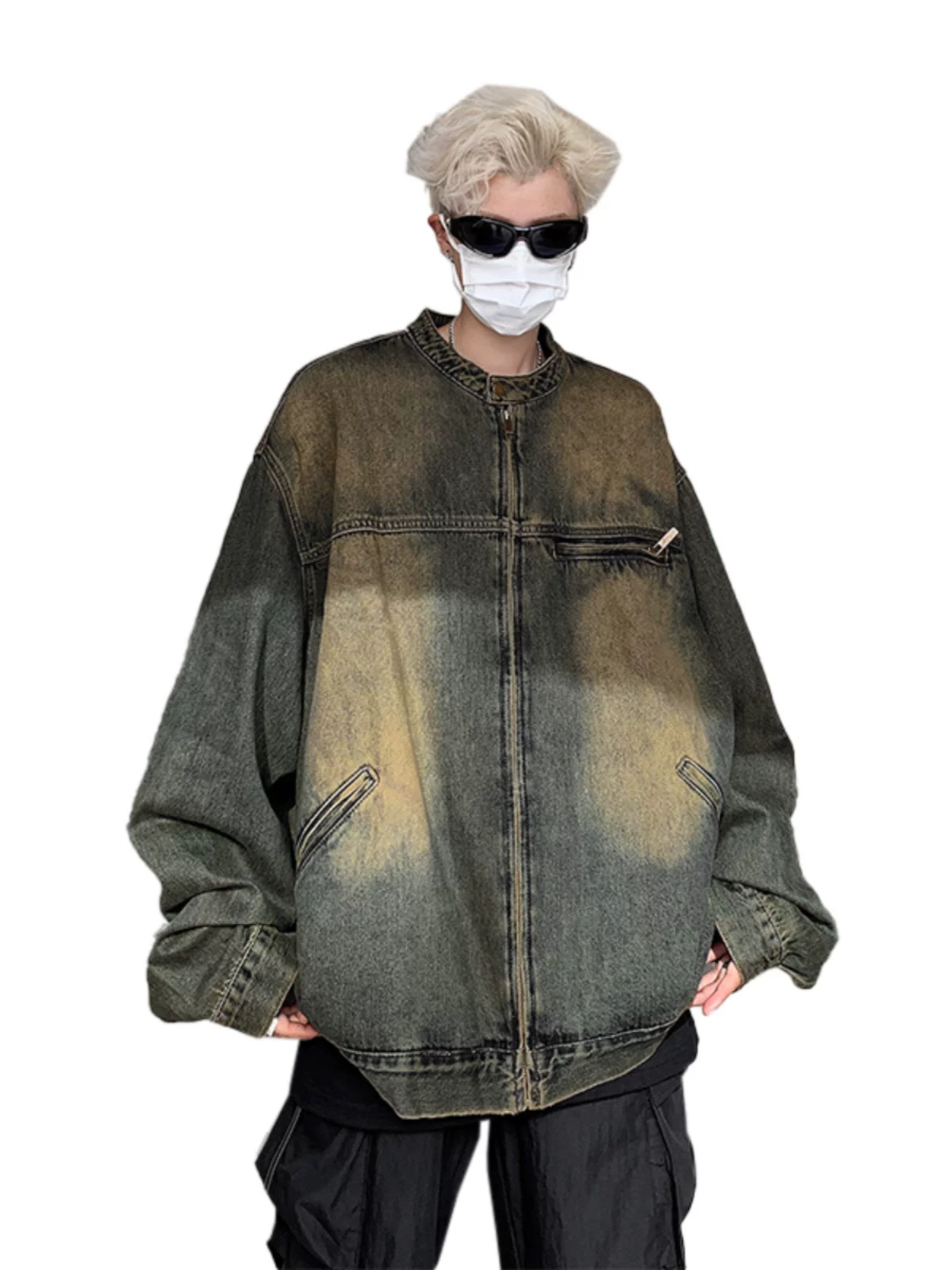 Áo khoác denim phong cách retro Mỹ, thương hiệu thời thượng mùa thu, dáng rộng, giặt mài tạo hiệu ứng cũ, áo khoác cổ đứng cá tính dành cho nam.