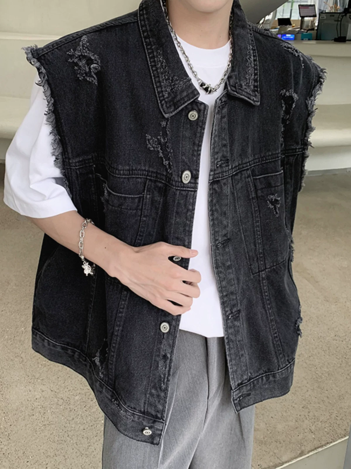 Áo vest denim nam đã qua xử lý làm cũ, phong cách retro Mỹ, áo vest công sở, kiểu dáng rộng rãi hợp thời trang, áo khoác không tay cá tính.
