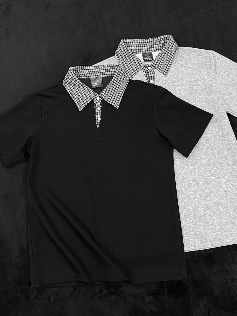 Áo polo nam tay ngắn phối họa tiết caro, kiểu dáng thời trang mùa hè, form rộng, thiết kế giả hai lớp, áo thun nửa tay phong cách retro Mỹ.