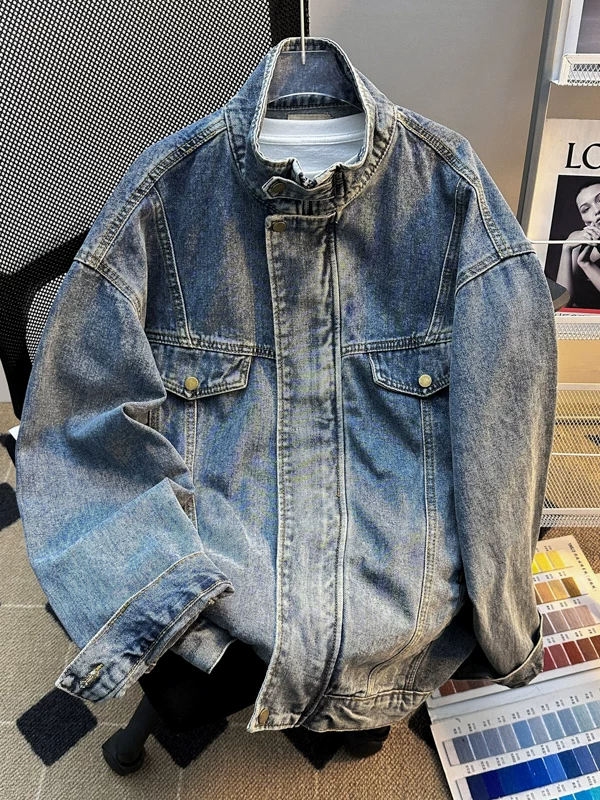 Áo khoác denim dày dặn dành cho nam, kiểu dáng thời trang mùa xuân thu phong cách Mỹ, áo khoác công sở dáng rộng, cổ đứng, áo khoác đôi đa năng.