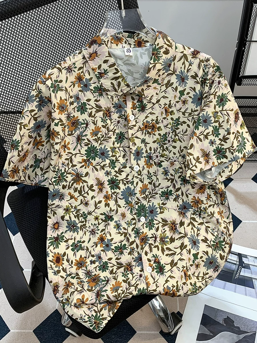 Áo sơ mi ngắn tay in họa tiết hoa cúc cho nam, áo sơ mi nửa tay dáng rộng phong cách vintage mùa hè, áo khoác đi biển Hawaii hợp thời trang