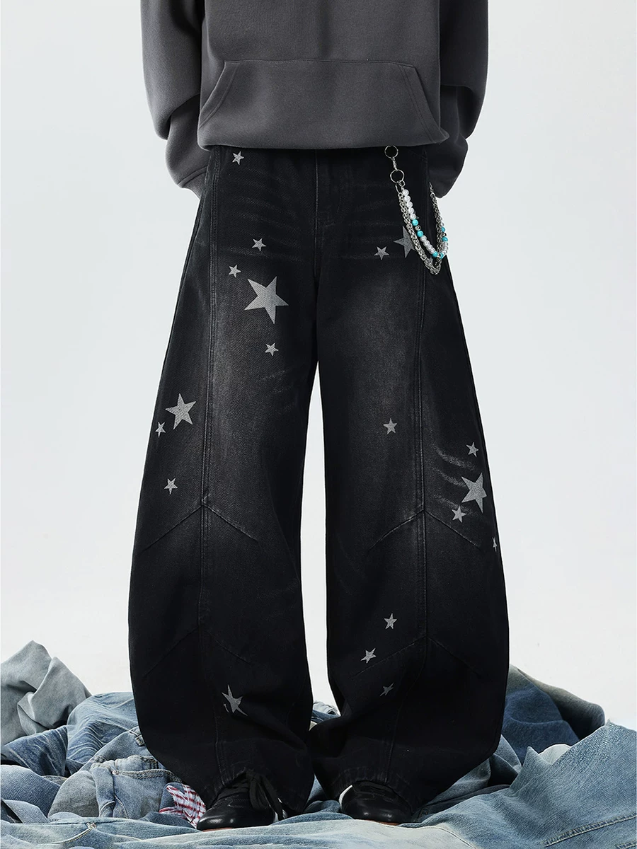 Quần jeans nam kiểu scimitar đã qua xử lý, quần ống rộng in họa tiết sao thời thượng mùa thu, quần ống đứng kiểu Mỹ retro phá cách.