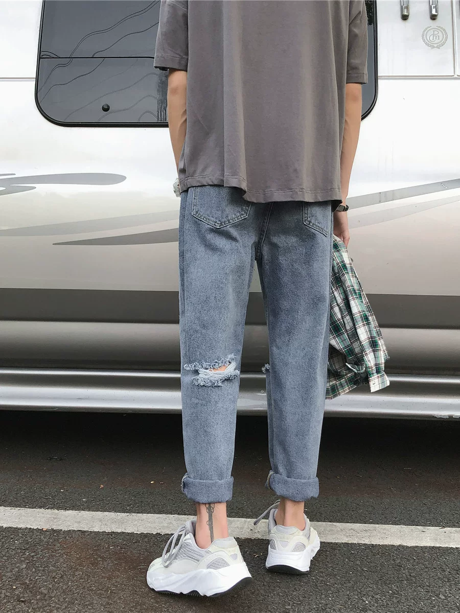 Quần nam phong cách Harajuku, quần jean thời trang kiểu Hàn Quốc, quần ống rộng dáng thẳng, quần rách mùa hè, quần lửng rách.