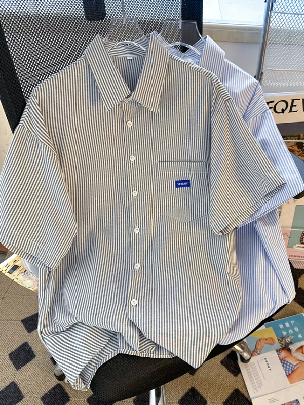 Áo sơ mi ngắn tay sọc mùa hè phong cách Nhật Bản dáng rộng áo sơ mi nam dành cho cặp đôi áo khoác mỏng hợp thời trang đa năng