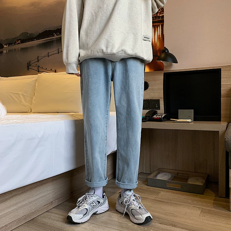Quần jean ống đứng phong cách Harajuku mùa xuân thu dành cho nam, quần dài xếp ly thời trang Hàn Quốc, quần ống rộng dáng rộng đa năng hợp thời trang.