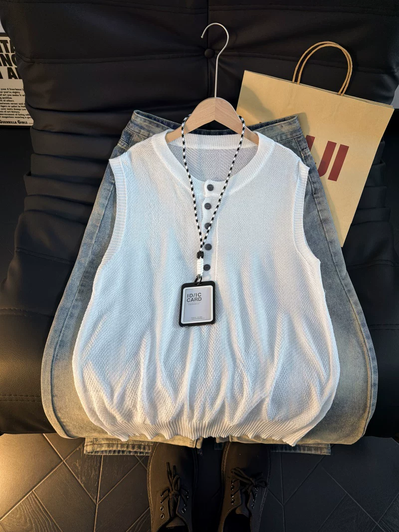 Áo vest dệt kim cổ Henry kiểu Mỹ dành cho nam, áo vest mùa hè thoáng khí, kiểu dáng rộng rãi, thương hiệu thời thượng, cảm giác đơn giản và cao cấp.
