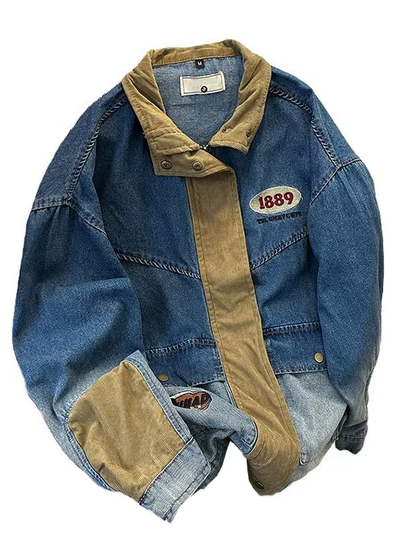 Áo khoác thêu chắp vá bằng vải nhung kẻ dành cho nam, áo khoác denim phong cách Mỹ hợp thời trang mùa xuân thu mới, trang phục công sở cổ đứng rộng rãi.