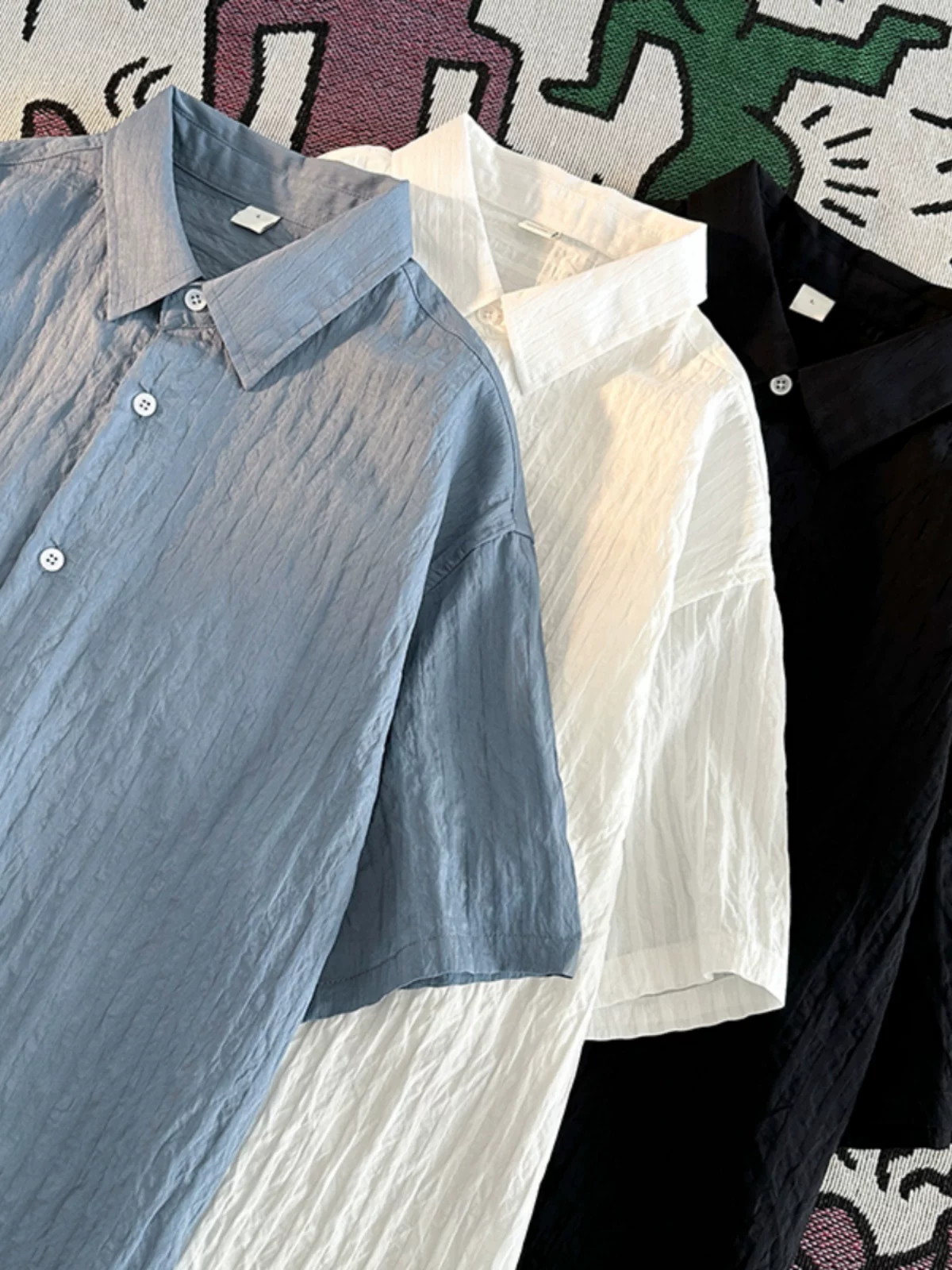 Áo sơ mi lụa băng có họa tiết dành cho nam tay ngắn, áo sơ mi thông thường mùa hè hợp thời trang phong cách Nhật Bản, áo sơ mi cặp đôi đa năng rộng rãi