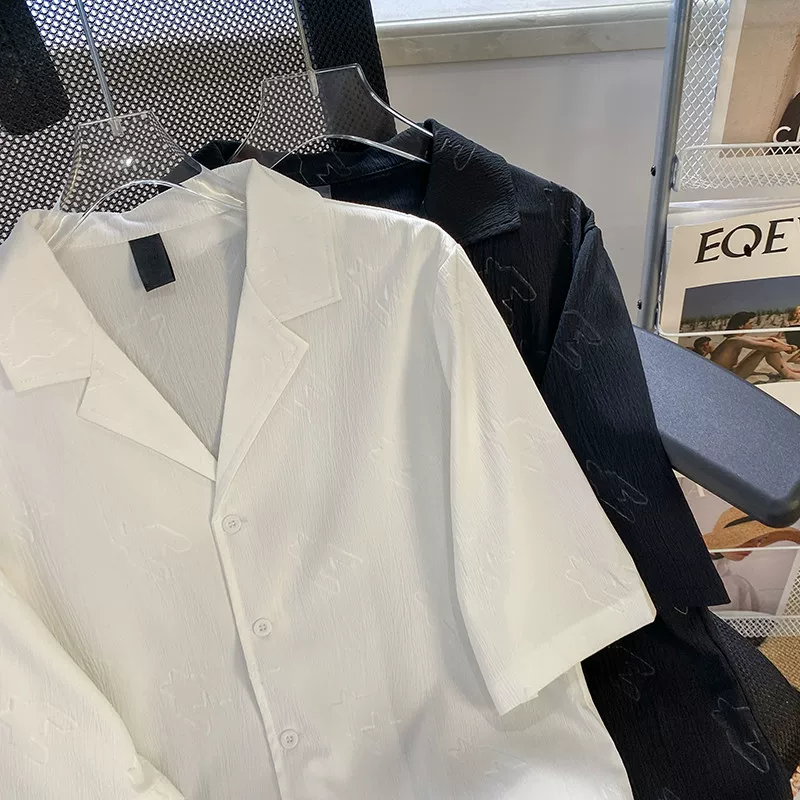 Áo sơ mi thiết kế dành cho nam, áo sơ mi ngắn tay chất liệu lụa đá mùa hè, kiểu dáng rộng rãi, áo kiểu Hàn Quốc trẻ trung, thời thượng, cá tính.