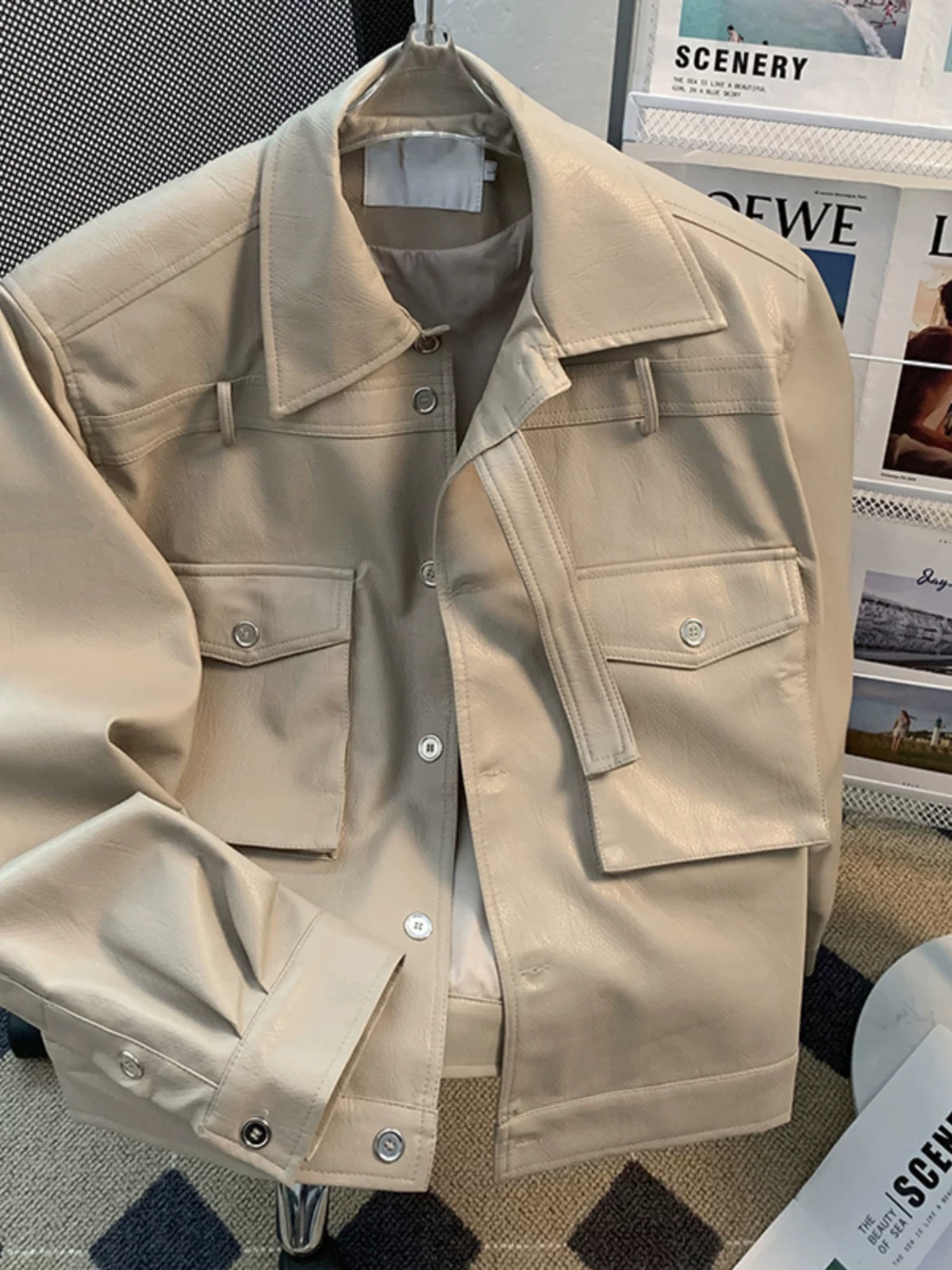 Áo khoác da thiết kế phá cách dành cho nam, phong cách Mỹ thời thượng mùa xuân thu, áo khoác da PU cá tính, dáng rộng, cổ lật, kiểu áo khoác biker.