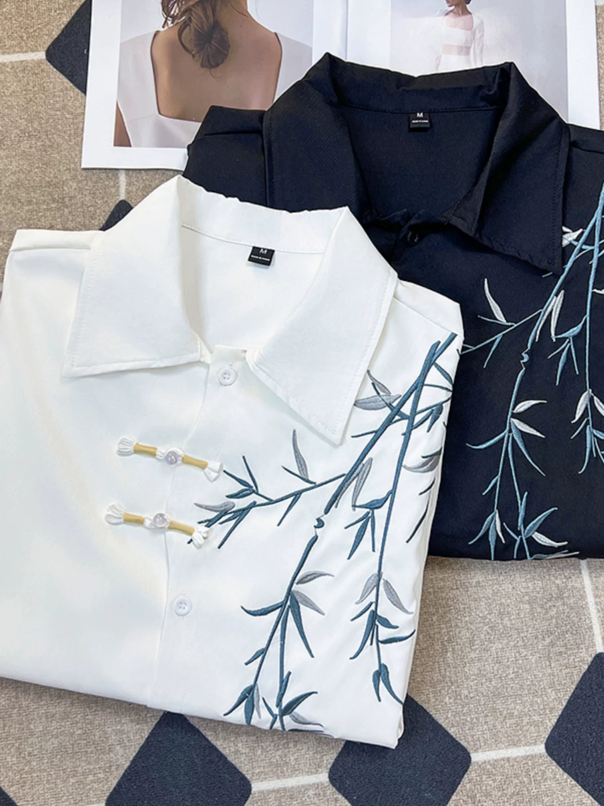 Áo sơ mi thêu tre phong cách Trung Quốc mới, bộ đồ mùa hè kiểu Đường có áo sơ mi dài tay cài nút, áo khoác Hanfu thời thượng dành cho nam.