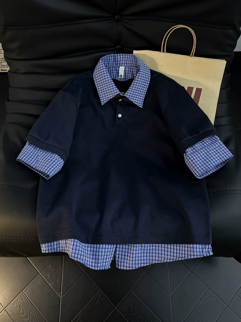 Áo sơ mi Polo giả hai mảnh kẻ sọc phối vải cho nam, áo thun cổ rộng phong cách Mỹ mùa hè, áo thiết kế thương hiệu thời thượng.