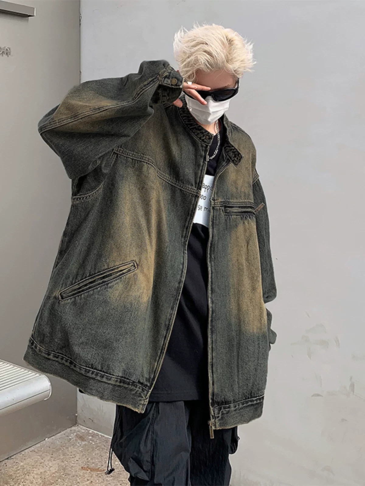 Áo khoác denim phong cách retro Mỹ, thương hiệu thời thượng mùa thu, dáng rộng, giặt mài tạo hiệu ứng cũ, áo khoác cổ đứng cá tính dành cho nam.