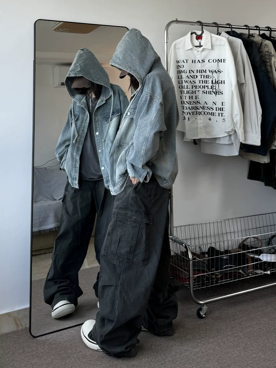 Áo khoác denim cổ điển của Mỹ dành cho nam, áo khoác có mũ rộng rãi, áo khoác thường ngày được giặt mài theo xu hướng mùa xuân thu.