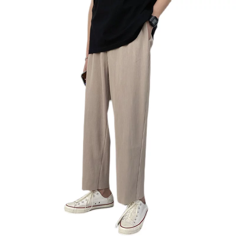 Quần lụa mỏng mùa hè dành cho nam, phong cách BF Hồng Kông, quần ống rộng dáng suông, quần ống đứng ngắn thời trang Hàn Quốc sành điệu.