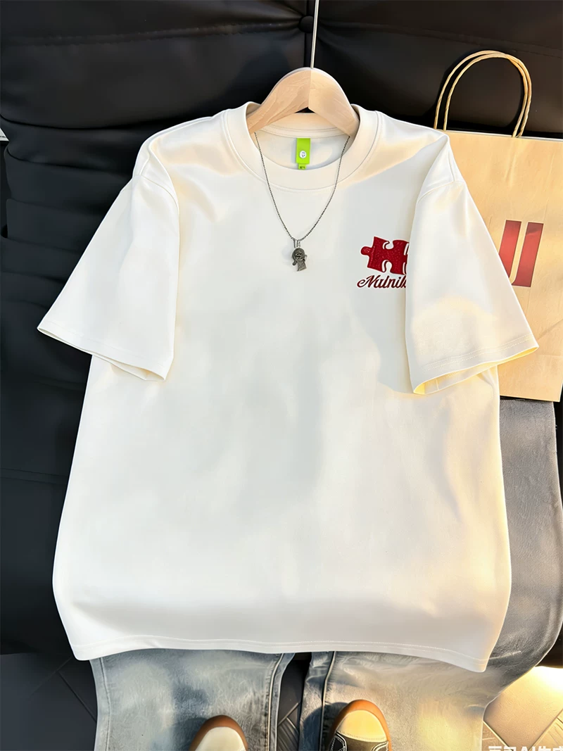 Áo thun ngắn tay thêu kiểu Mỹ dành cho nam và nữ, áo thun cotton nguyên chất mùa hè, áo thun nửa tay kiểu dáng rộng rãi hợp thời trang dành cho cặp đôi.