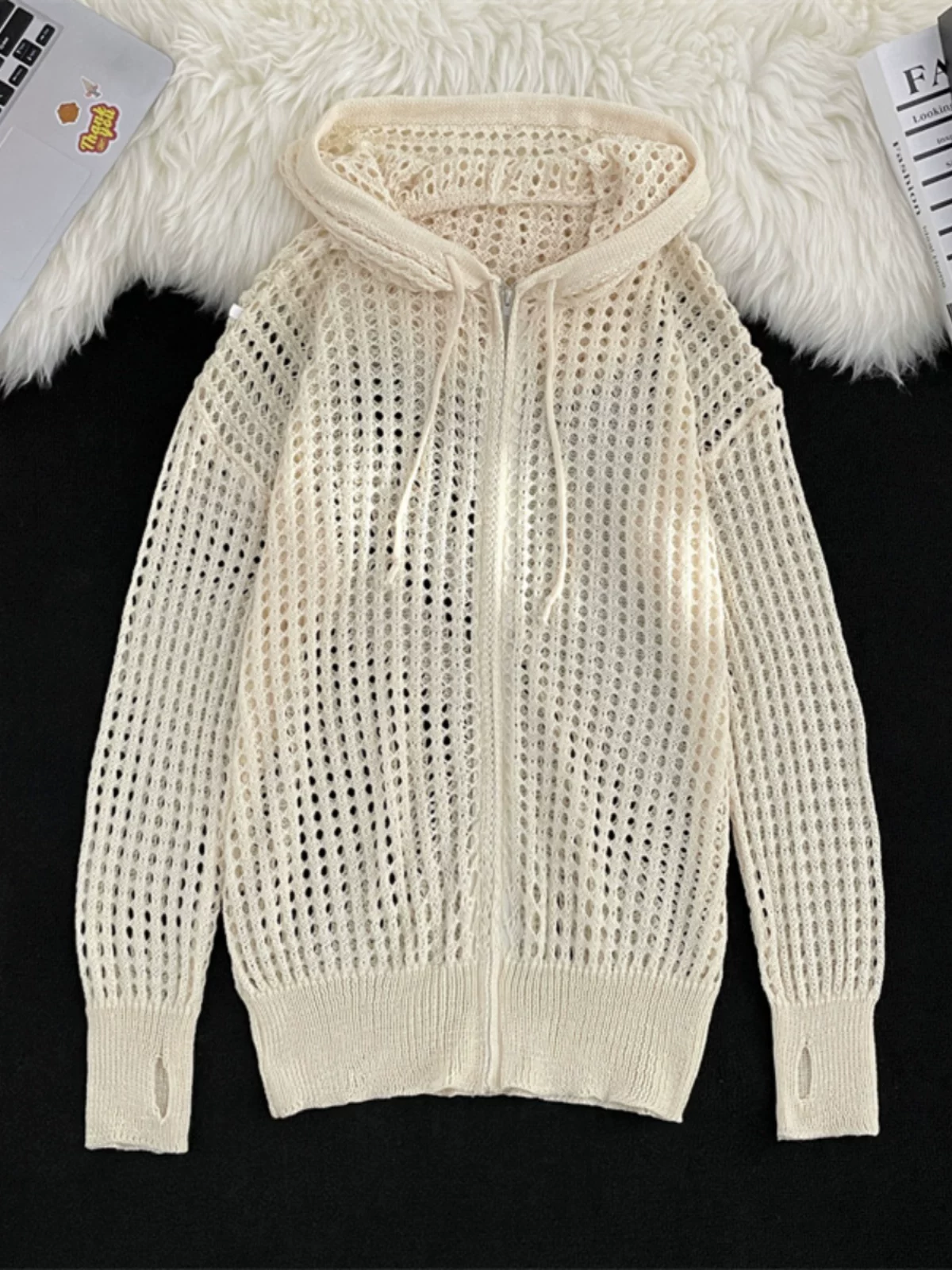 Quần áo chống nắng bằng vải lụa băng mát mẻ cho nam và nữ, áo dệt kim mỏng có mũ trùm đầu mùa hè, thiết kế rộng rãi hợp thời trang, áo khoác khoét lỗ.