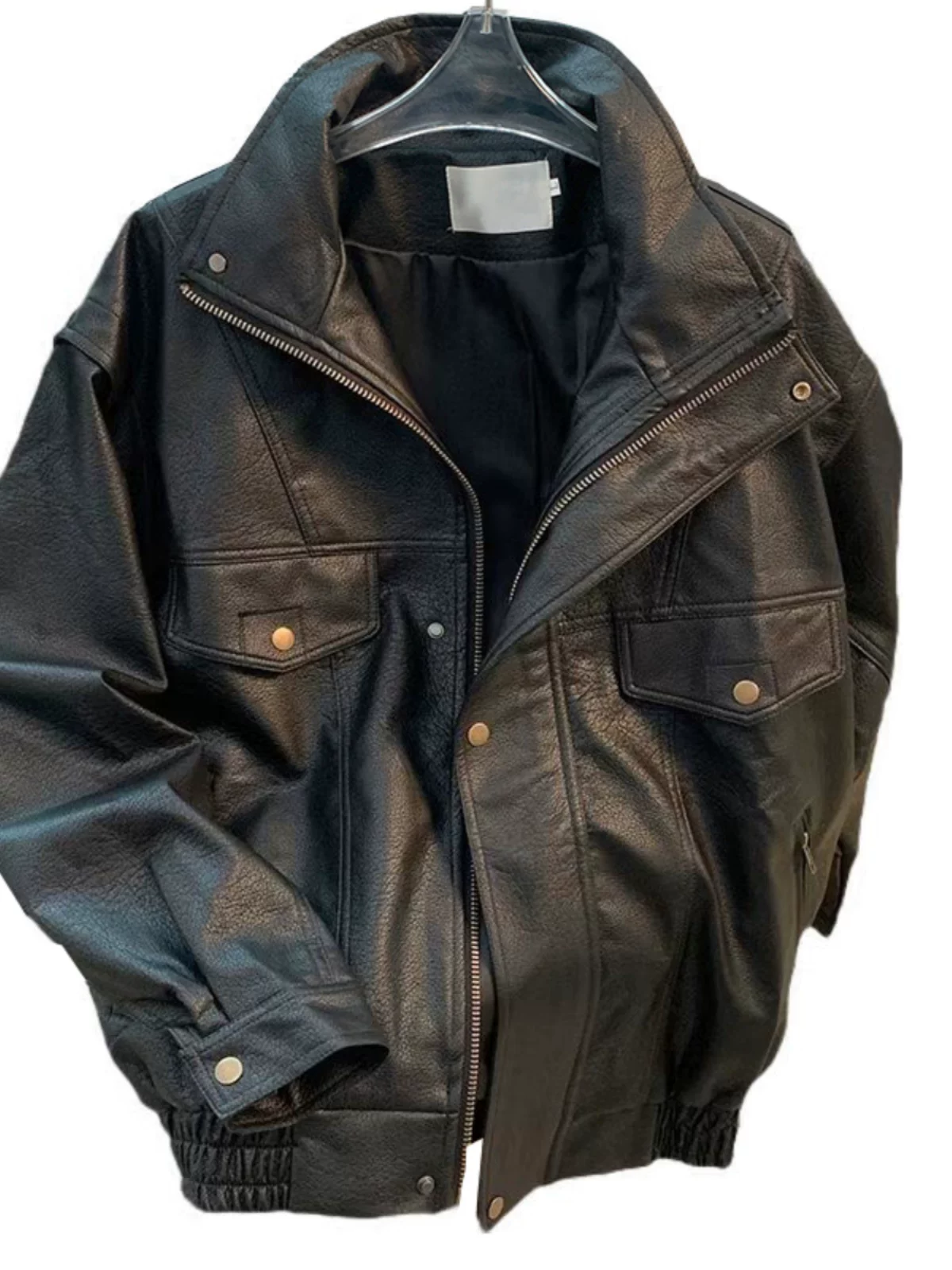 Áo khoác da cổ điển dành cho nam, mùa xuân thu, áo khoác da PU cổ đứng cao cấp, áo khoác biker dáng rộng thời thượng.