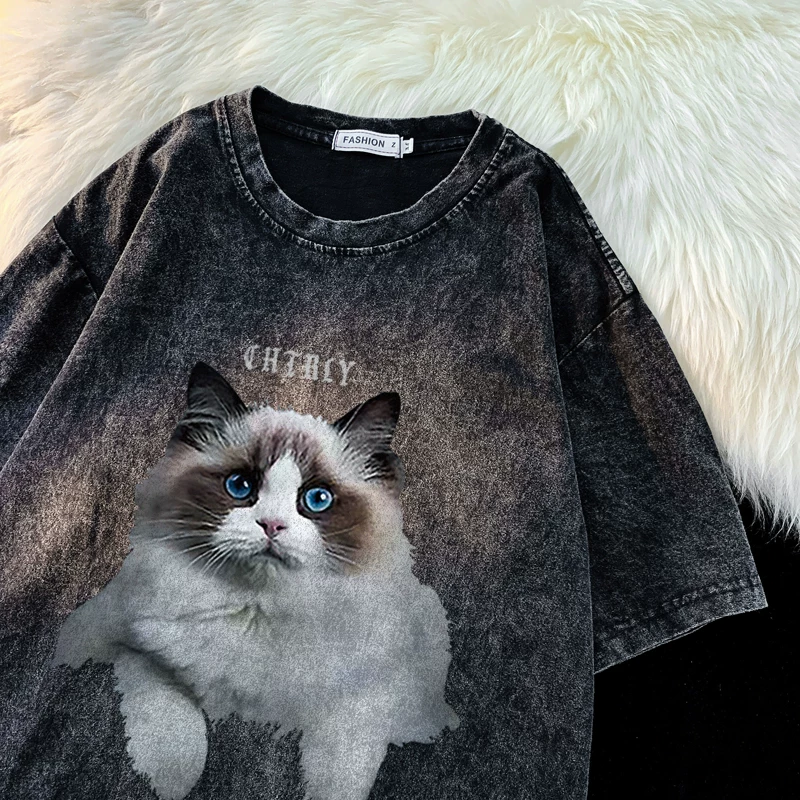 Áo thun ngắn tay in hình mèo phong cách Mỹ dành cho nam, thương hiệu thời thượng, dáng rộng, chất liệu cotton nguyên chất, phong cách mát mẻ mùa hè, áo nửa tay cho cặp đôi.