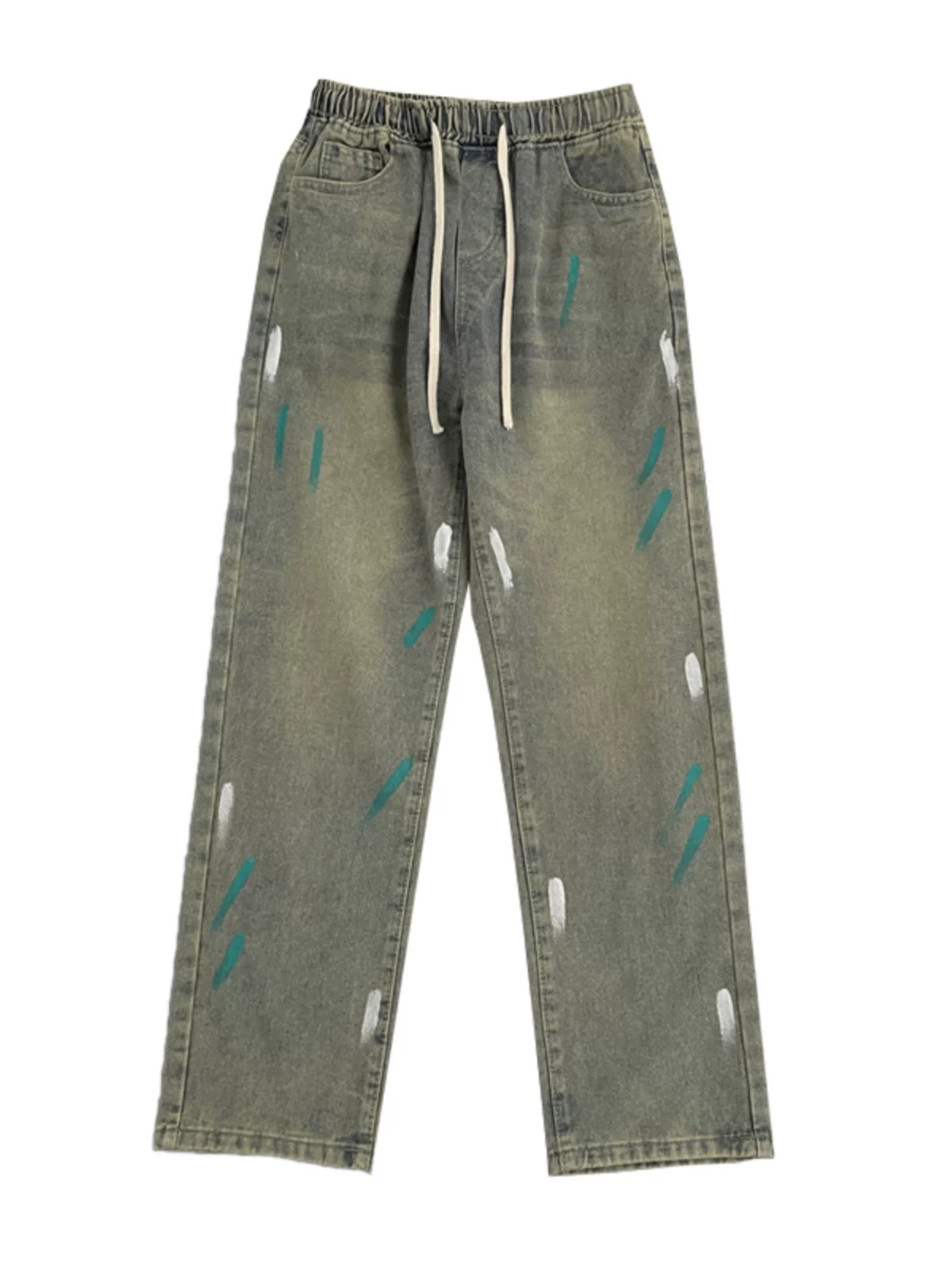 Quần jeans nam họa tiết graffiti cá tính, quần ống đứng dây rút đa năng, quần ống rộng dáng suông phong cách Mỹ thời thượng thu đông.