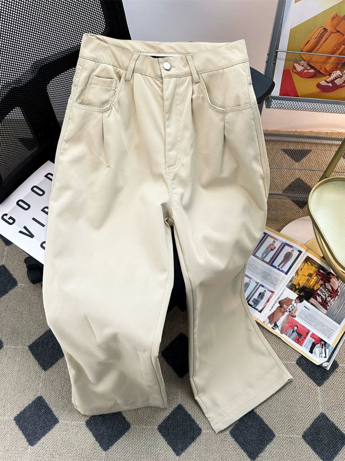 Quần tây nam ống đứng có hiệu ứng xếp ly, phong cách đường phố Mỹ, quần dài thường ngày hợp thời trang, quần ống rộng dáng rộng thời trang mùa hè.