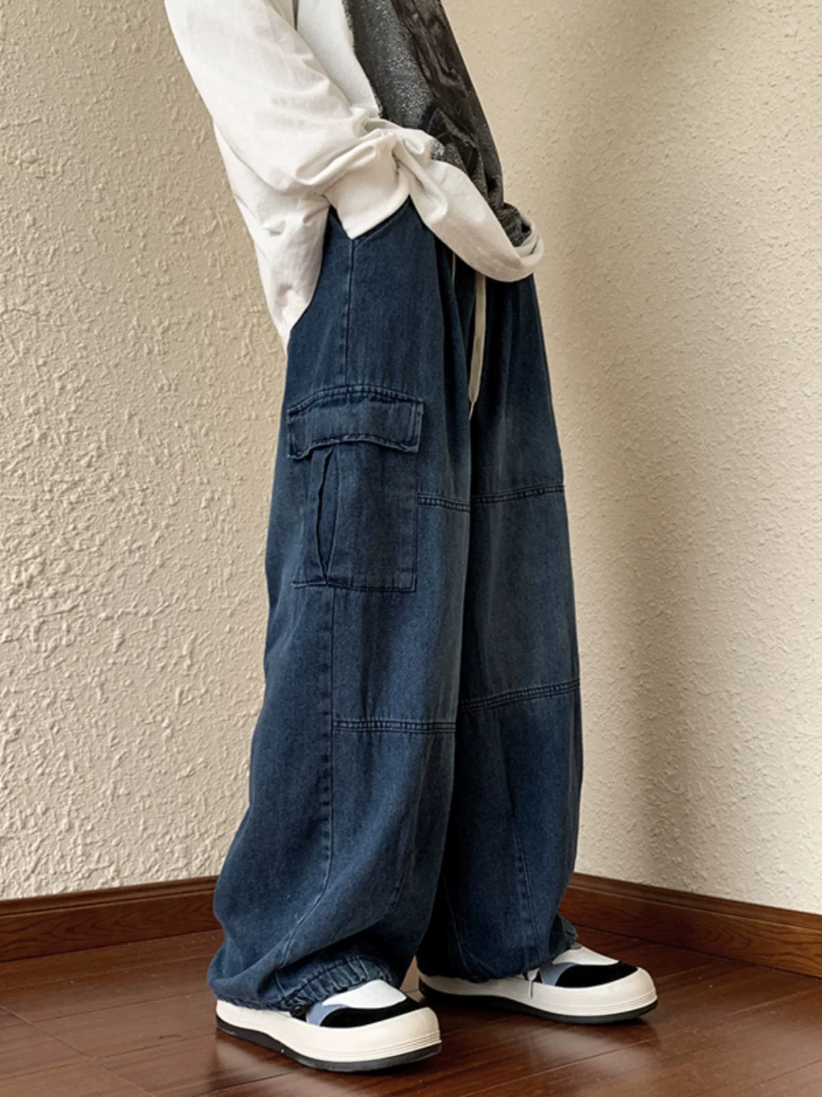 Quần jean denim nam mùa thu có dây rút, quần dài phong cách Mỹ, kiểu vintage, quần dài ống rộng thời trang hip-hop.