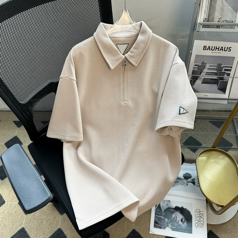 Áo polo waffle dày dặn dành cho nam, áo thun tay ngắn cổ trụ thời trang mùa hè, kiểu dáng rộng rãi thoải mái phong cách retro Mỹ, tay áo lửng.