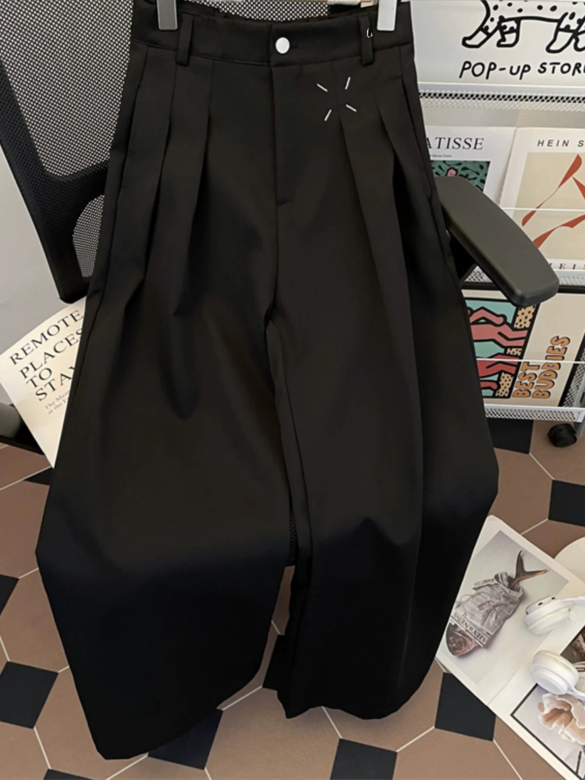 Quần tây nam lưng thun bán co giãn, phong cách cleanfit đường phố Mỹ, mùa xuân thu, quần ống rộng thoải mái có hiệu ứng xếp ly.