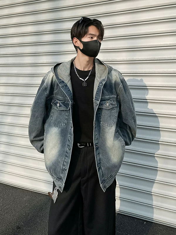 Áo khoác denim có mũ trùm đầu, chất liệu dày dặn, thích hợp cho mùa xuân và mùa thu, kiểu dáng thời trang, rộng rãi, phong cách Mỹ cổ điển dành cho nam giới.