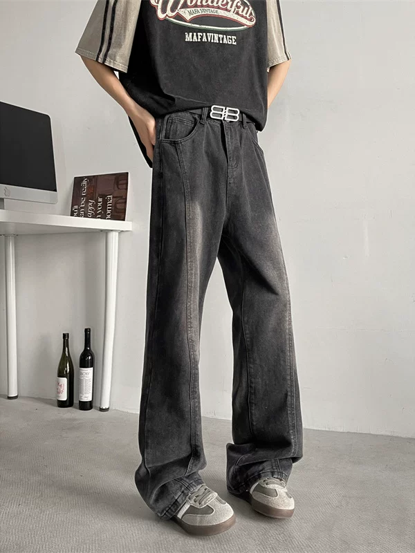 Quần jeans nam mùa xuân thu, kiểu dáng cleanfit, giặt mài vintage, thời trang phong cách Mỹ, dáng rộng ống đứng, ống loe dài.
