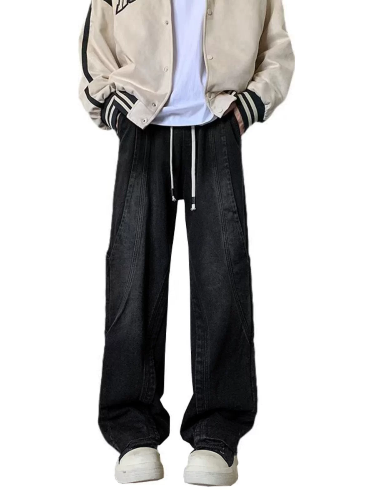 Quần jean nam kiểu Mỹ, chất liệu dày dặn, thiết kế phá cách, mùa xuân thu, quần vá phối màu, kiểu dáng thời thượng, quần ống rộng dáng suông.