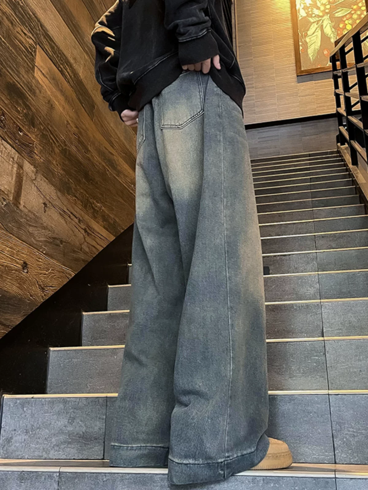 Quần jean retro Mỹ dành cho nam, thương hiệu thời thượng, quần dài chạm đất kiểu dáng suông, quần ống rộng vintage thoải mái mùa xuân thu.