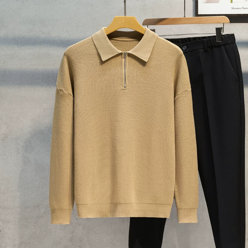 Áo len cổ polo nửa khóa kéo dành cho nam, áo len dệt kim mùa thu đông, phong cách Nhật Bản, thời trang đơn giản, năng động, áo len mặc trong.