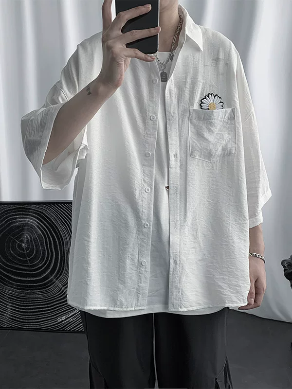 Áo sơ mi ngắn tay hoa cúc mùa hè hợp thời trang, áo sơ mi tay lửng dáng rộng đa năng, áo khoác công sở nam thông thường