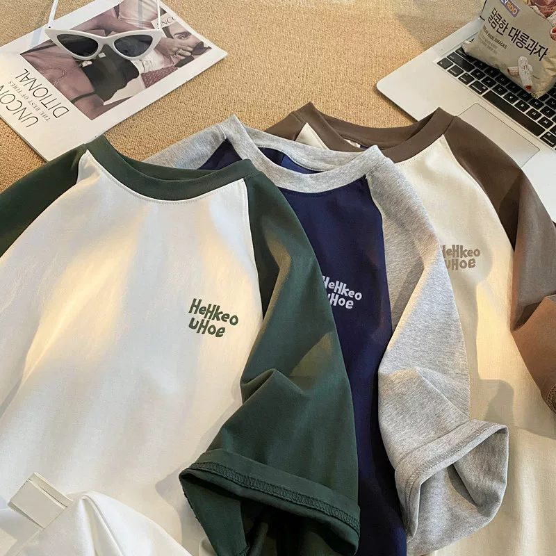 Áo thun nam tay ngắn chất liệu cotton nguyên chất, kiểu Mỹ, phối màu, tay raglan, dáng rộng, thời trang, thương hiệu nổi tiếng, áo đôi đa năng, tay lửng.