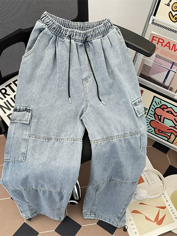 Quần jean công sở lưng thun cho nam, thương hiệu thời thượng của Mỹ, túi lớn, quần ống rộng, quần dài phong cách retro Nhật Bản.