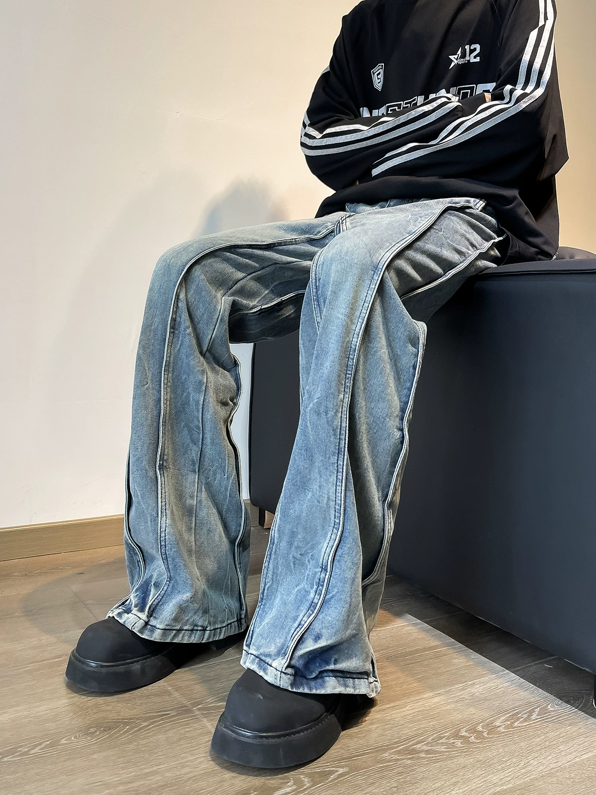 Quần jeans dáng patchwork cho nam, quần wash kiểu Mỹ cleanfit, thương hiệu thời trang xuân thu, quần ống rộng hơi loe.