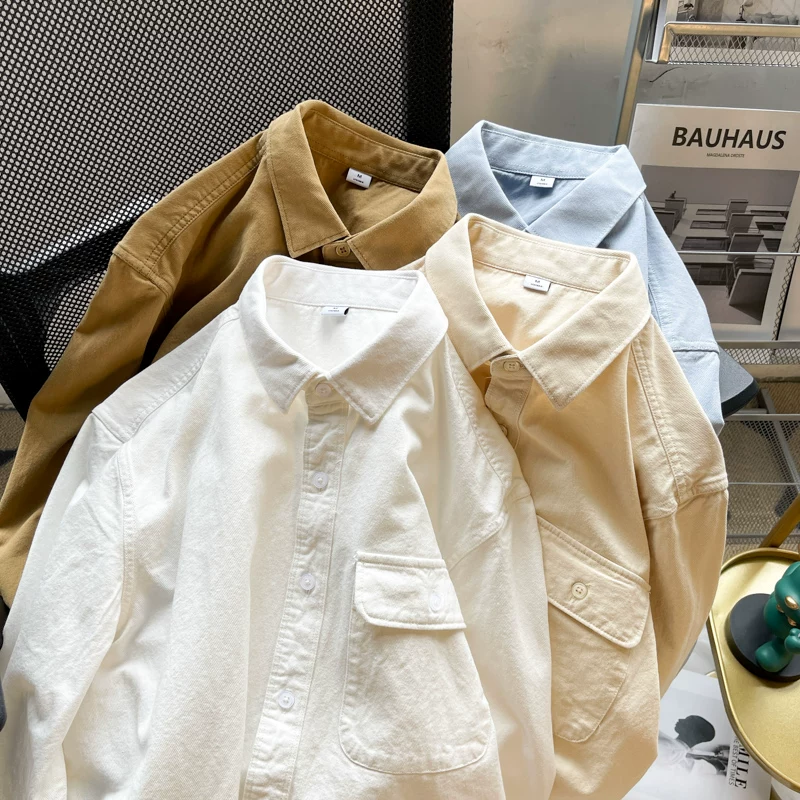 Áo sơ mi nam phong cách Nhật Bản dài tay cơ bản màu trơn đa năng áo sơ mi mùa hè hợp thời trang thương hiệu áo khoác dáng rộng thông thường