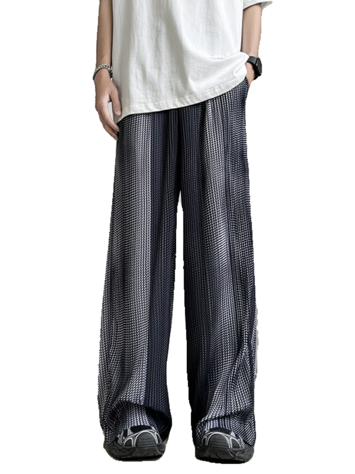 Quần lụa băng xếp ly phối màu dành cho nam, quần cặp đôi phong cách hip-hop Mỹ thời thượng, quần ống rộng suông dài chạm đất mặc mùa hè.