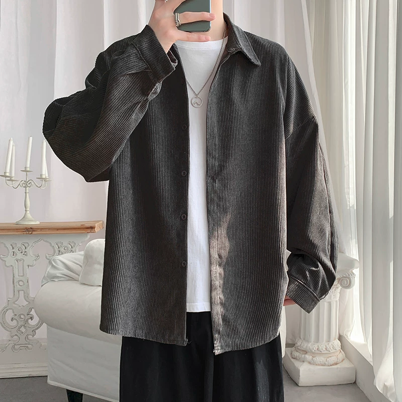 Áo sơ mi dài tay vải nhung cổ điển dành cho nam, áo sơ mi phong cách Hàn Quốc thời thượng mùa xuân thu dành cho thanh thiếu niên, áo khoác dáng rộng thoải mái