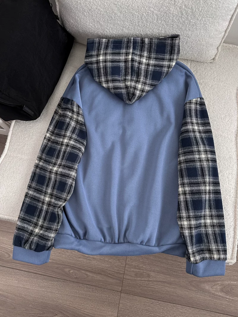 Áo khoác cardigan có mũ kiểu Mỹ dành cho nam và nữ, áo khoác chắp vá kẻ sọc mùa xuân thu, áo khoác cặp đôi dáng rộng hợp thời trang của thương hiệu thời thượng.