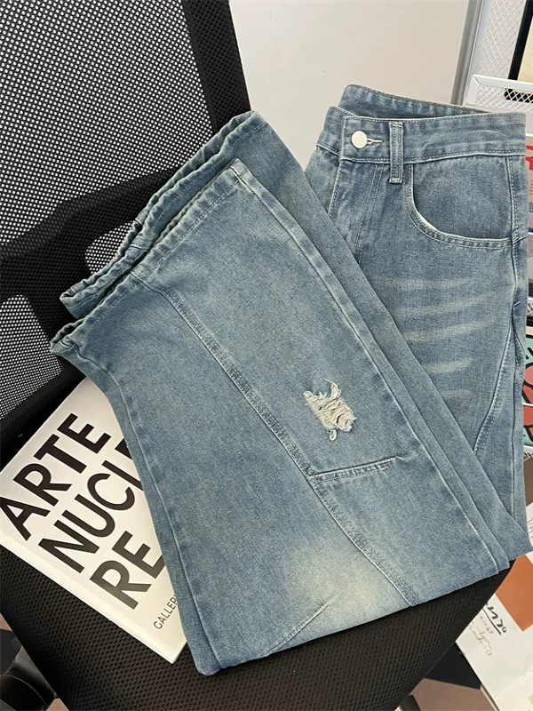 Quần jeans rách nam, kiểu mới hè 2025, quần ống rộng dáng suông, phong cách Mỹ, dài chạm đất.