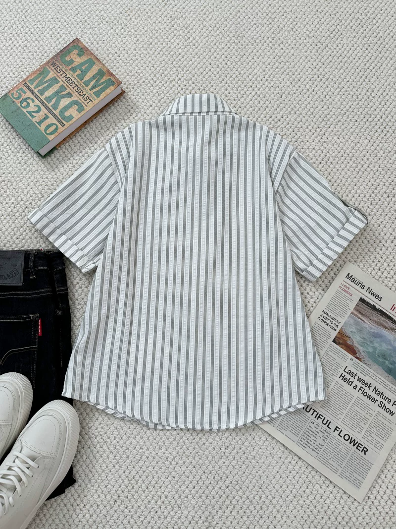 Áo sơ mi ngắn tay sọc kiểu Nhật dành cho nam và nữ, áo đa năng cổ bẻ mùa hè, áo khoác sơ mi cao cấp dáng rộng thương hiệu thời thượng.