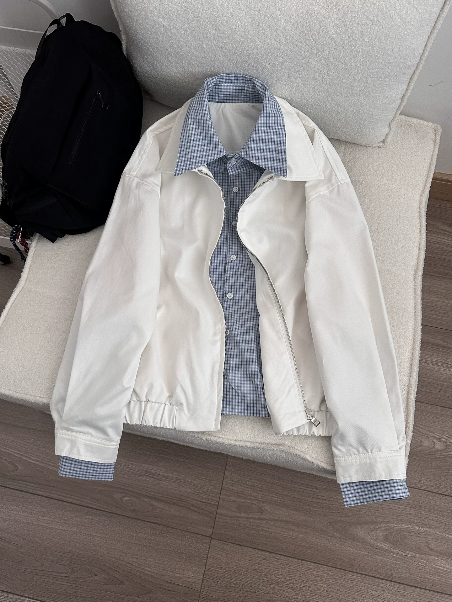 Áo khoác giả hai mảnh phong cách retro Mỹ dành cho nam và nữ, áo kiểu cặp đôi phối họa tiết kẻ sọc mùa xuân, áo khoác công sở dáng rộng thương hiệu thời thượng.