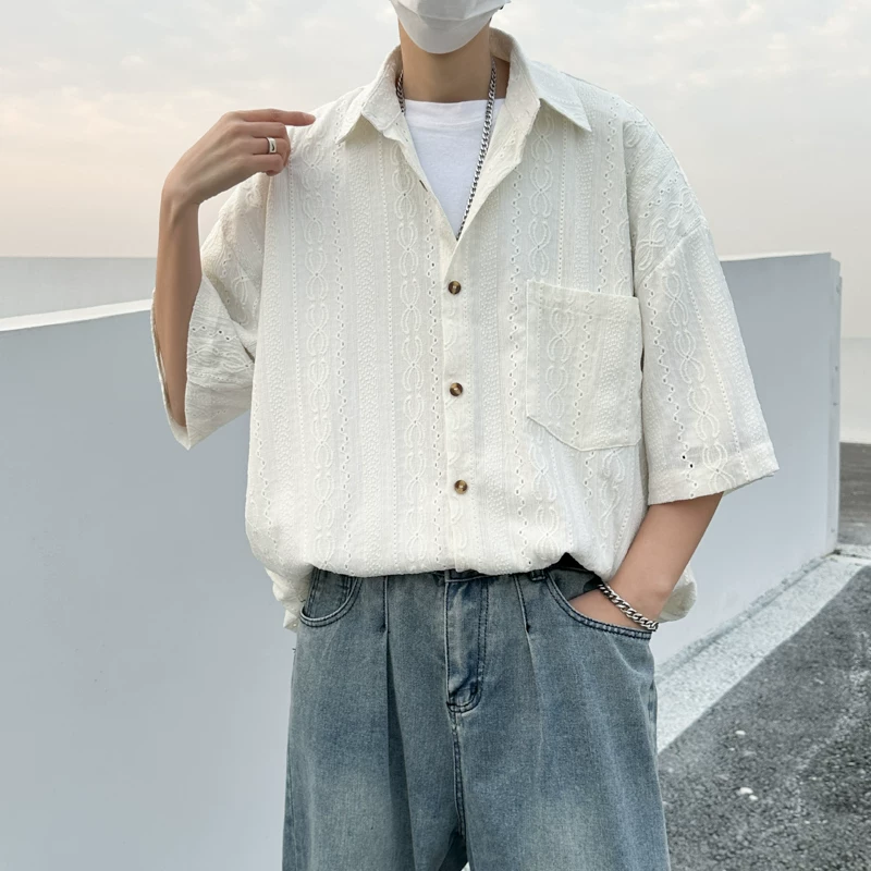 Áo sơ mi ngắn tay khoét lỗ Jacquard dành cho nam, áo kiểu dáng thời trang mùa hè, áo sơ mi dáng rộng phong cách retro Nhật Bản.