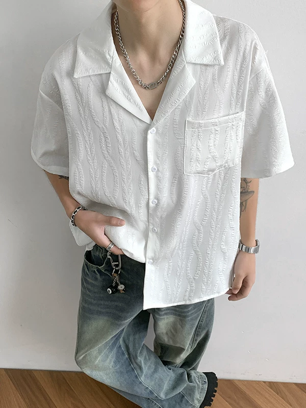 Áo sơ mi nam cao cấp chất liệu jacquard, tay ngắn, thiết kế mỏng nhẹ mùa hè, kiểu dáng rộng rãi, áo sơ mi cổ Cuba thời trang, phong cách casual.